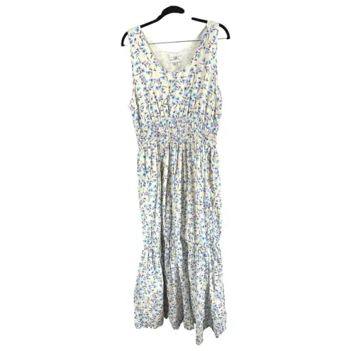 Something Navy Women's Floral Maxi Dress Cream Blue Size XL Sleeveless Tiered