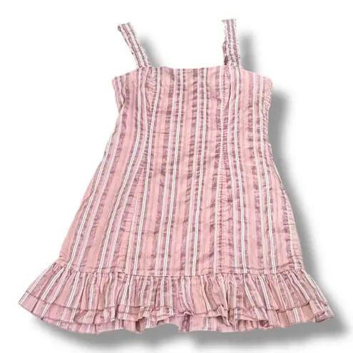 Alexis Brandy Dress Rose Stripe Mini Pink White Ruffle Hem Square Neck Cotton