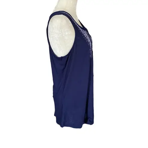 Just Be women's 1X tie front sleeveless blue stretchy tank top embroidered