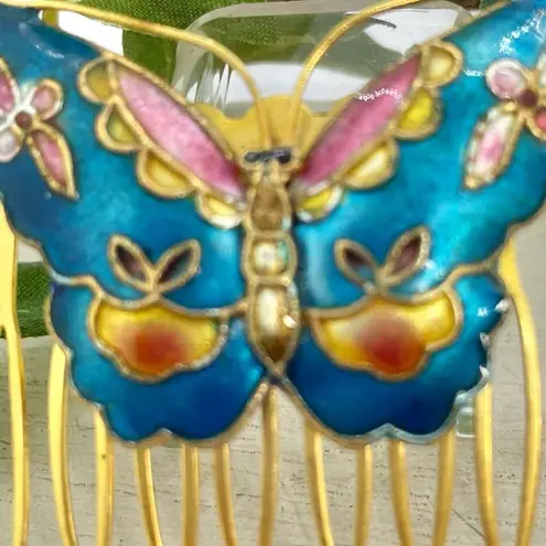 Vintage Enamel Butterfly Floral Hair Comb Gold Blue