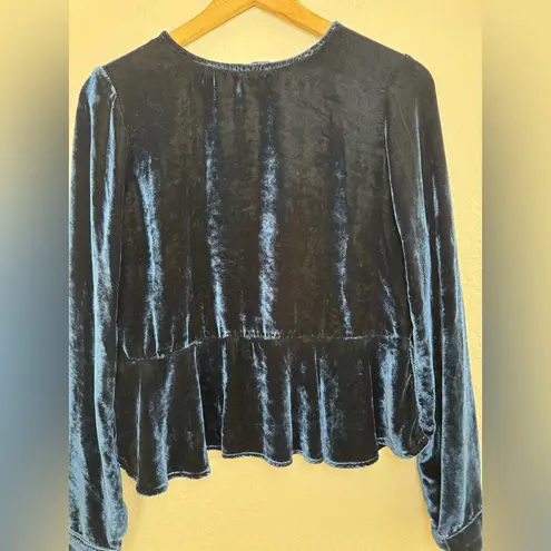Bella Dahl Button Back Navy Blue Silk Velvet Peplum long Sleeve Blouse size XS