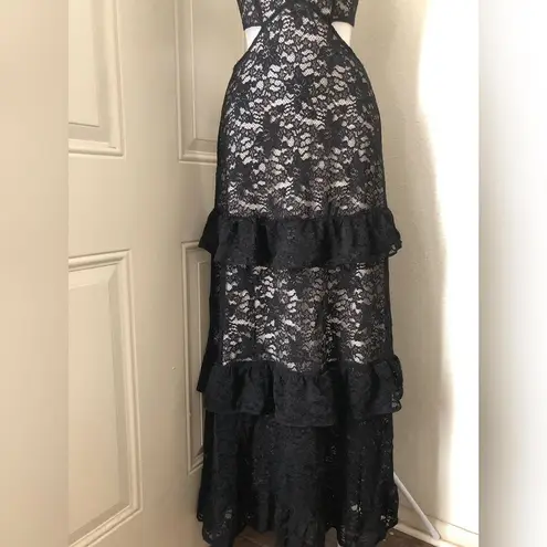 Avec Les Filles Black Whimsygoth gothic grunge lace cut out slim fit fitted maxi halter formal prom dress gown deep V neckline, open back, and tiered ruffle hem-S  #goth #whimsygoth #fairycore #fairygrunge