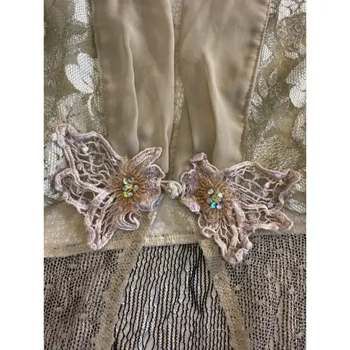 Rare Spencer Alexis VTG 90s Blush Gold Babydoll Lace Kimono Sheer Boho Fairy Lg Tan