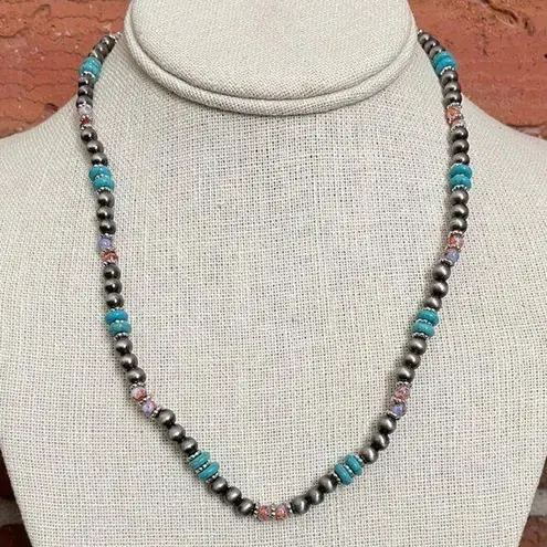 Navajo Style Pearl Necklace with Turquoise and Orange Blue