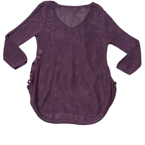 Soho New York Jeans Purple Crochet Knit Long Sleeve V Neck Tunic Top Size M