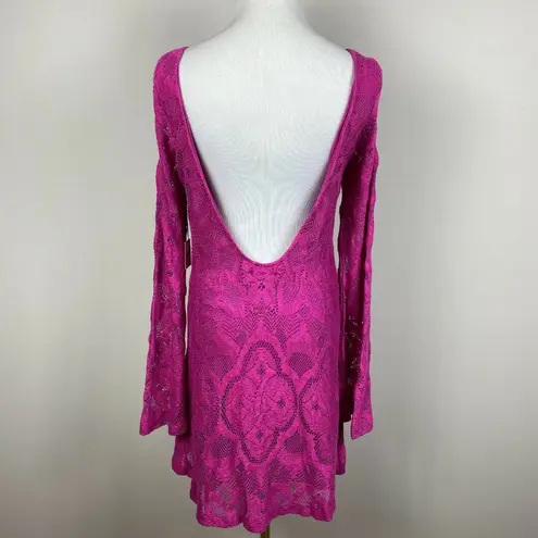 Nightcap 4 Dress Women Large Pink Lace Open Back Bell Sleeve Boho Boatneck New