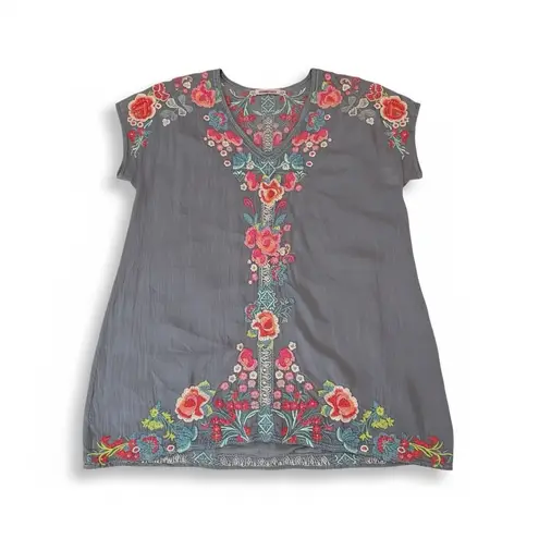 Johnny Was Embroidered Tunic Dress Gray Floral V Neck Short Sleeve Women XL