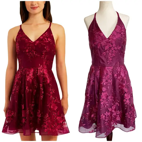 BCX Womens Juniors Embroidered Mini Fit & Flare Magenta Dress 11