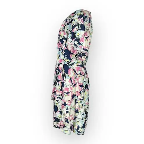 Slate + Willow Mini Dress Women's 8 Blue Silk Mixed Floral Printed Faux Wrap RTR