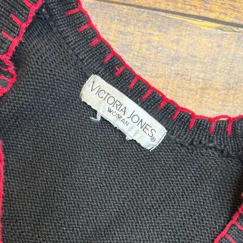 VTG Victoria Jones Christmas Sweater Vest L Black Poinsettia Candy Cane Beaded Size L