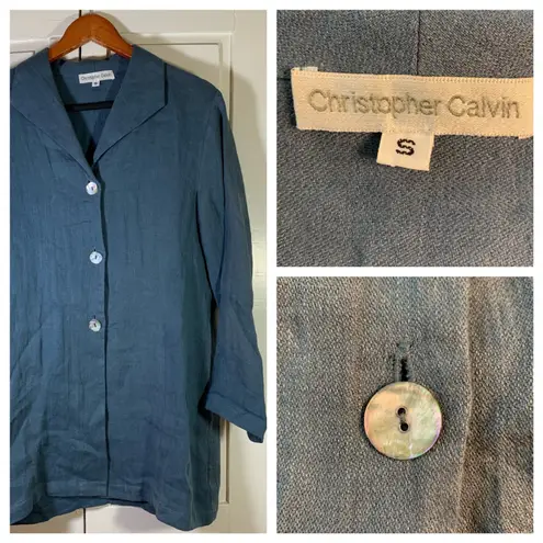 Christopher Calvin Blue Linen Oversize Shirt Jacket Size S Lagenlook Boho Chic