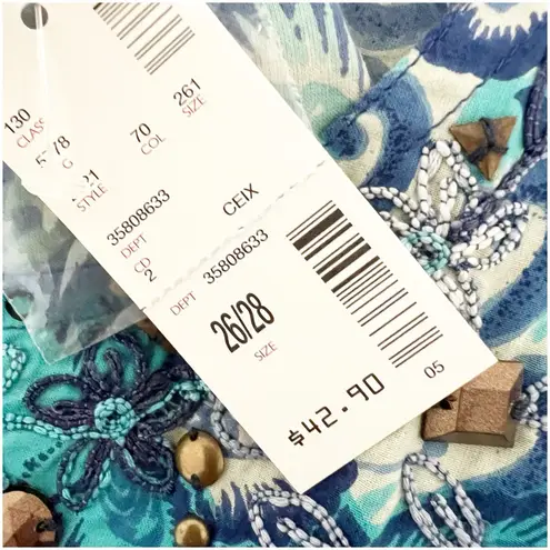 Avenue Handcrafted Tunic Plus Size 26/28 NWT Tropical Print Studded Neckline Blu