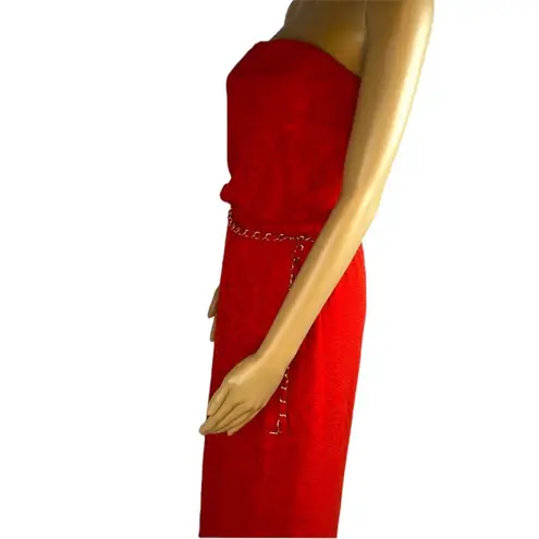 Cache  Strapless Red Orange Textured Slit Sides Belted Maxi Dress Womens Small