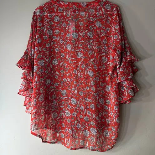 Vince Camuto  Flutter Sleeve Henley Blouse in the "Passion Fruit"