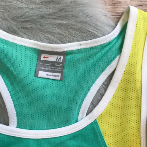 Nike  Womens Tank Top Size M Dri-Fit Teal Yellow Mesh Athleisure Yoga White Trim‎