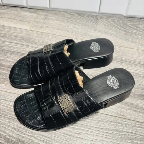 Harley Davidson Vintage Black Leather Croc Embossed Sandals Heeled Mules size 7