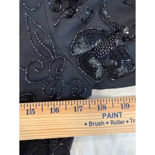 Stenay Short Sleeve Embossed Sequin Beaded Top Scalloped Hem Black Women's Small