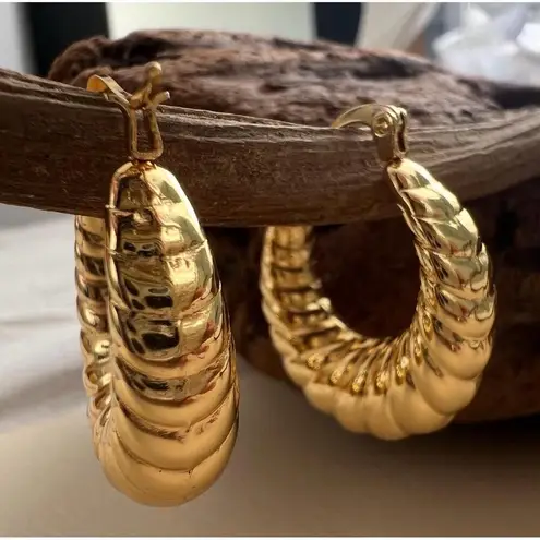 Gold Plated Twisted Creole Chunky Hoop Earrings Stainless Steel Womens Jewelry