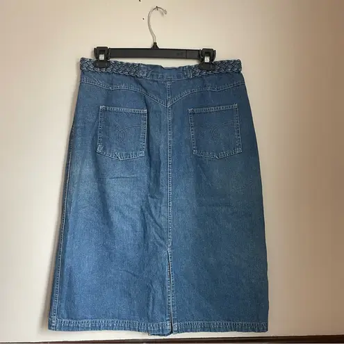 Vintage Y2K Blue Knee Length Denim Skirt with Slit and Braided Belt Detail Size 16