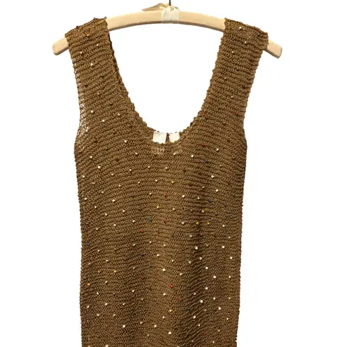 Vicky Moreinis Brown Knit Beaded Swimwear Cover up Dress Beaded Fringe Stretch