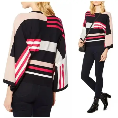 Karen Millen UK Pink Black Cream Grey Colorblock Wide Sleeve Blouse Women's Med