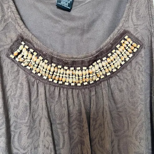 Willi Smith Brown Patterned Beaded Trim Tank Top