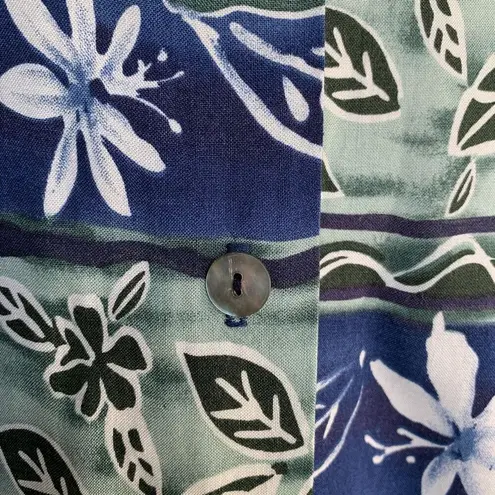 Vintage 90s Top Blue Green Floral Leaf Print Button Up Short Sleeve Shirt Small