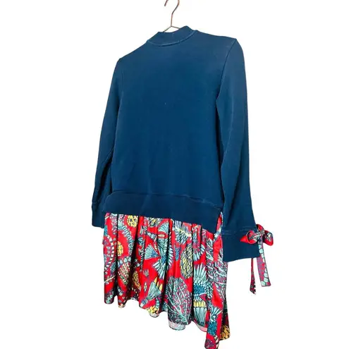 La Double J Blue Floral Long Sleeve Crewneck Tie Sleeves Sporty Dress Size Small