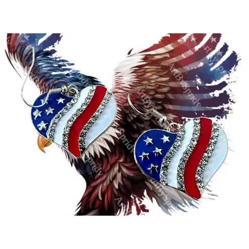 New Patriotic Heart Earrings Rhinestones Dangle Patriotic July 4 Veteran… Red