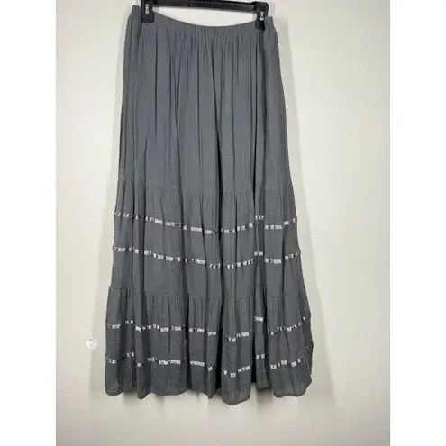 J Gee Womens Gray Crinkle Maxi Skirt M Tiered Boho Festival Hippie Fairy Grunge Size M