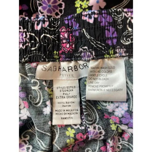 Sag Harbor Black Purple Floral Short Sleeve Button Up Midi Skirt Set PXL