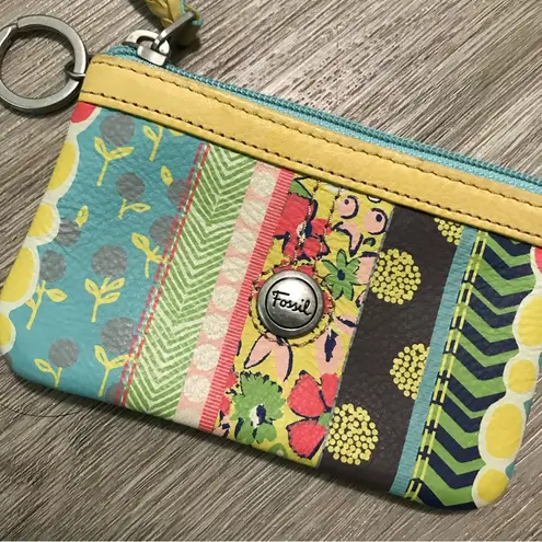 Fossil  Keychain Zip ID Case Card Holder Wristlet Colorful Pattern Blue Yellow