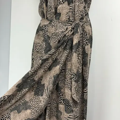 Spenser Jeremy 100% Silk Animal Print Wrap Midi Maxi Dress Sz 12 Brown