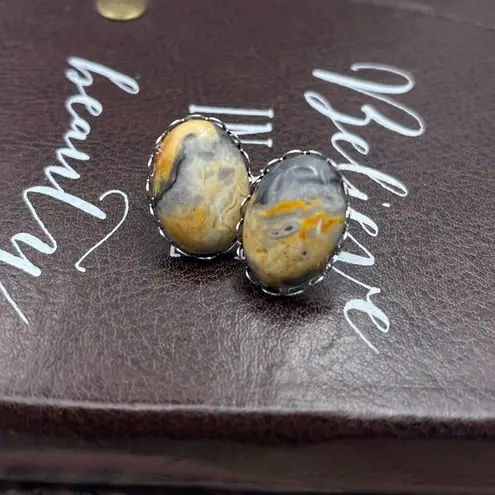 Mexican Crazy Lace Agate Earrings • Natural Stone • Stainless Steel Stud Backs Orange