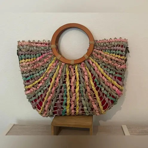 Patricia Nash Lesa Multicolor Pastel Straw Bag Wood Ring Handle Boho NO STRAP