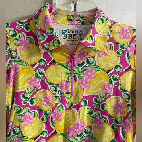 IBkul athletic top lemon novelty print long sleeve 1/4 zip up women small NWT Yellow