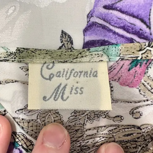 Vintage California Miss Womans Slick Satin Robe Ivory Floral Robe Slip Set Purple Size M