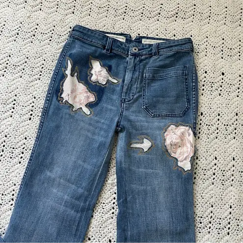Pilcro and the Letterpress Pilcro High Rise Rose Patchwork Trouser Bootcut Flare Jeans (Size 28) floral