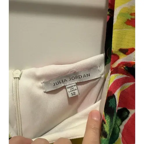 Julia Jordan Dress 12 Ruffle Bright Floral Midi Dress Yellow Green Pink