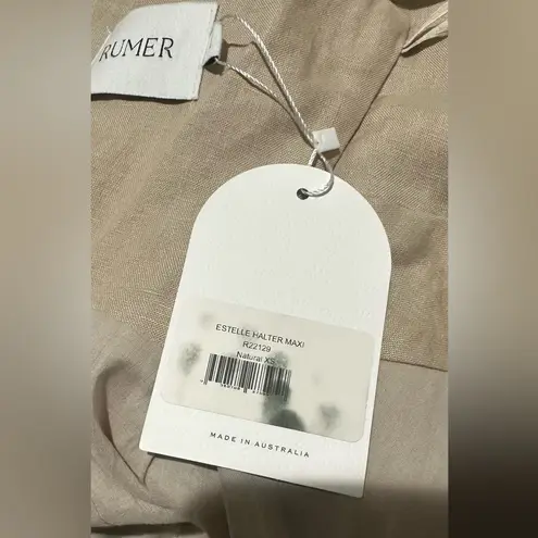 Revolve x Rumer Natural Linen Ruched Halter Sundress Center Slit XS NWT Tan