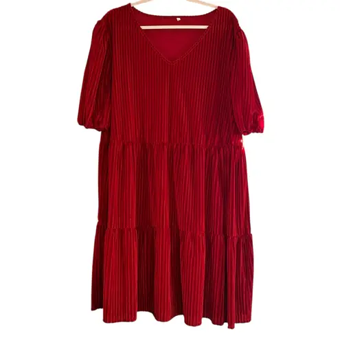 Velvet Burn Out Holiday Red Dress SZ 4X V Neck Short Sleeve Cinch Waist Boho