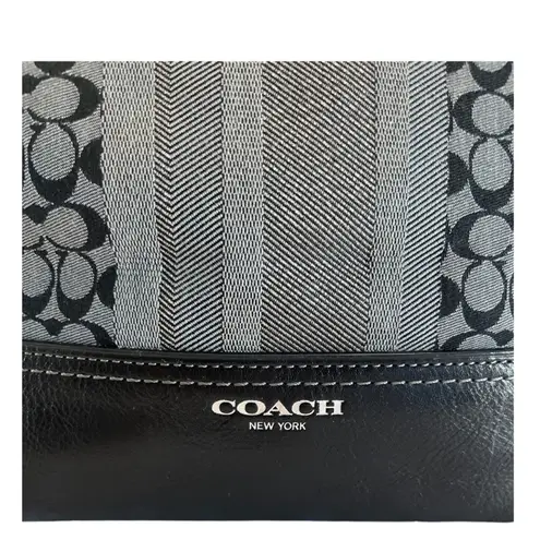 Coach  Legacy Stripe Duffle Shoulder Bag Black Gray Signature Canvas Leather Trim