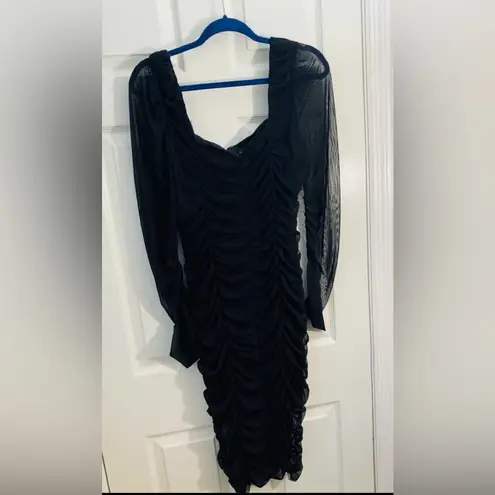 Black Ruched Mesh Bodycon mini Dress Size L Long Sleeve Sweetheart Neckline Size L