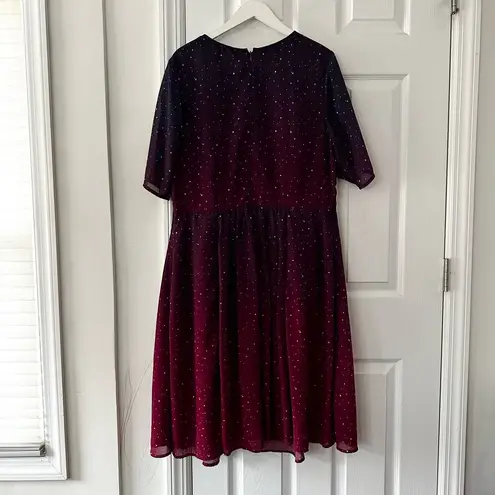 Eshakti  Purple Red Ruffle Ombre Star Print Georgette Midi Dress Missing Belt 1X