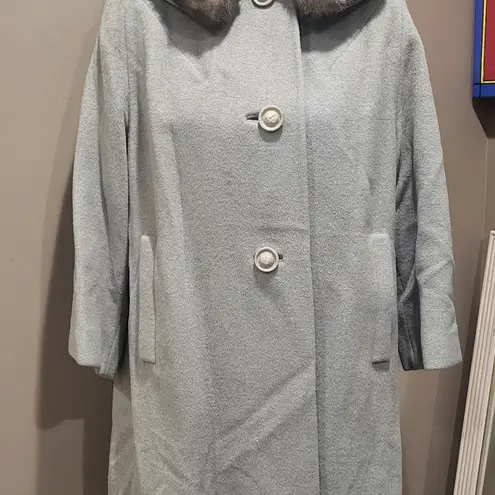 Vintage 50s Youthcraft Long Gray Wool Fur Trimmed Coat Satin Lined Big Buttons Black Size M