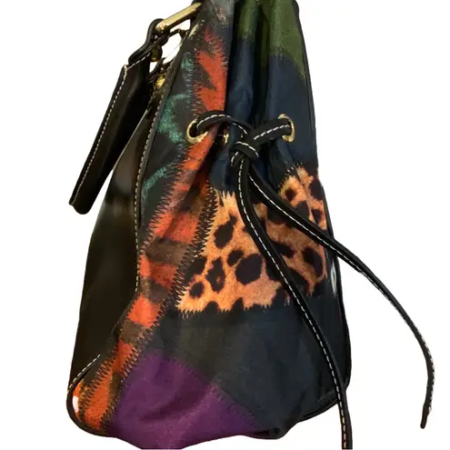 BRACCIALINI BLACK LEATHER SHOULDER BAG W/MULTI COLOR FABRIC SIDES