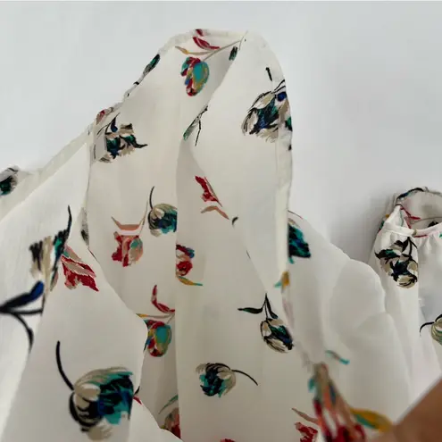 Lemon Tart Floral Print Women's Crepe Chiffon Top Tassel Tie Neck 3/4 Sleeve S White