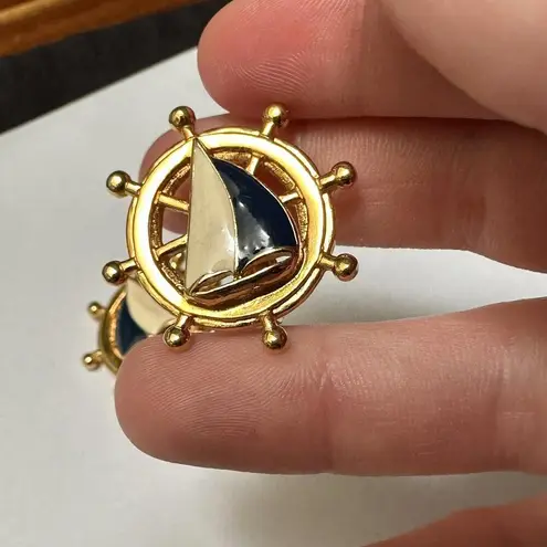 Avon Nautical Clip On Earrings Enamel Sailboat Ship Wheel Gold Tone