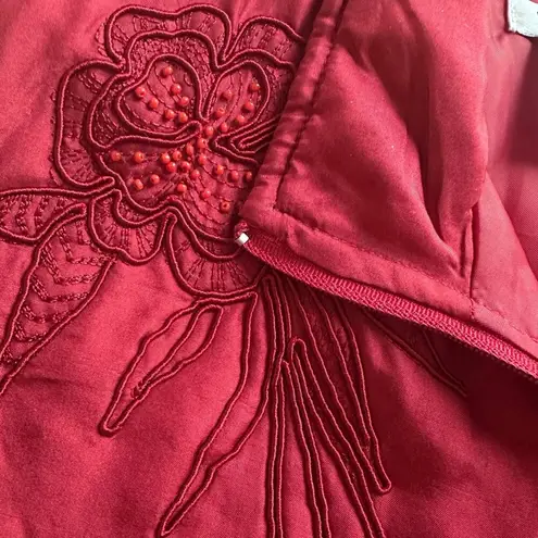 Coldwater Creek Red Silk Puffer Vest Full Zip Embroidered Winter Sporty Preppy