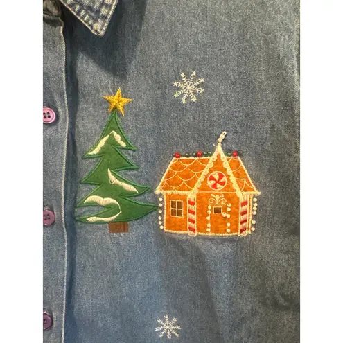 Lemon Grass Studio Denim Christmas Embroider Gingerbread Shirt VTG cottage core